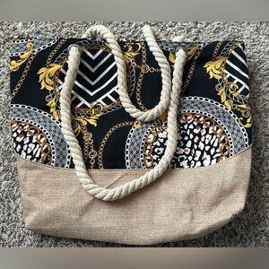 Women’s Canvas Tote Bag with Zipper Closure - Natural Beige Boho